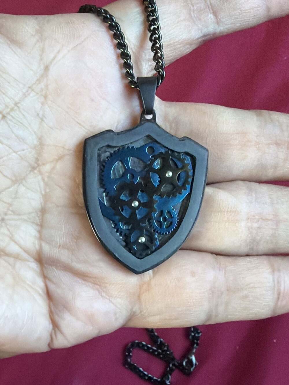 Steampunk Shield Gear Pendant Necklace Black Stainless Steel